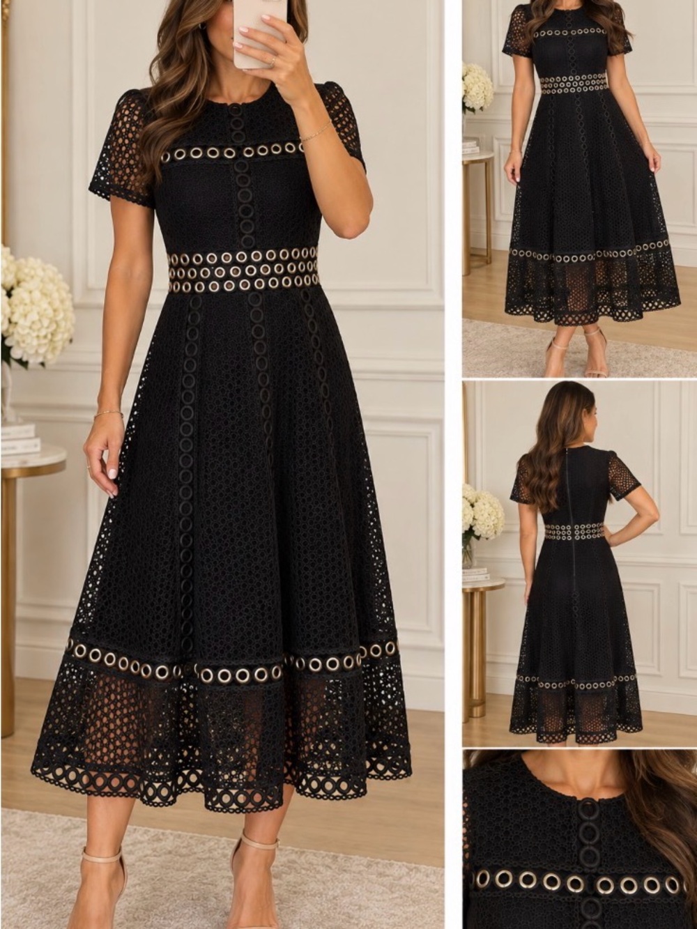 Maje “Rome” black lace eyelet midi dress, size 1